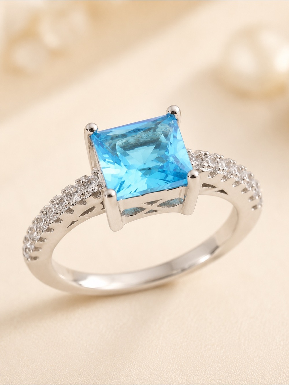 Simulated Neon Apatite Aqua CZ & Simulated Diamond Ring Size 4.5
